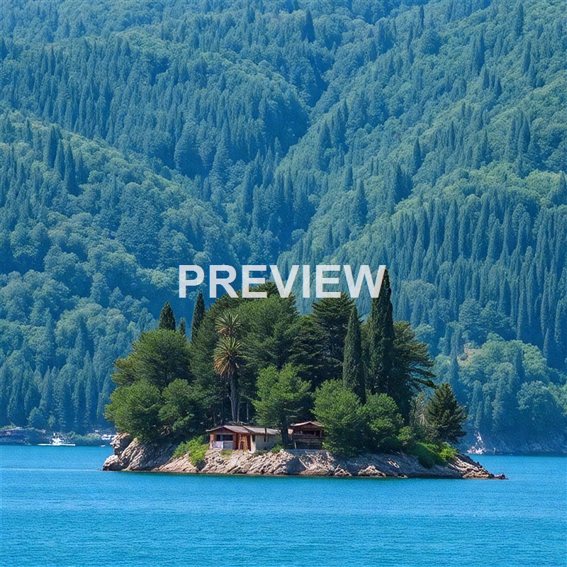 An island with lush green trees and two small wooden houses situated on rocky terrain, surrounded by a calm blue body of water with a densely forested mountain in the background.